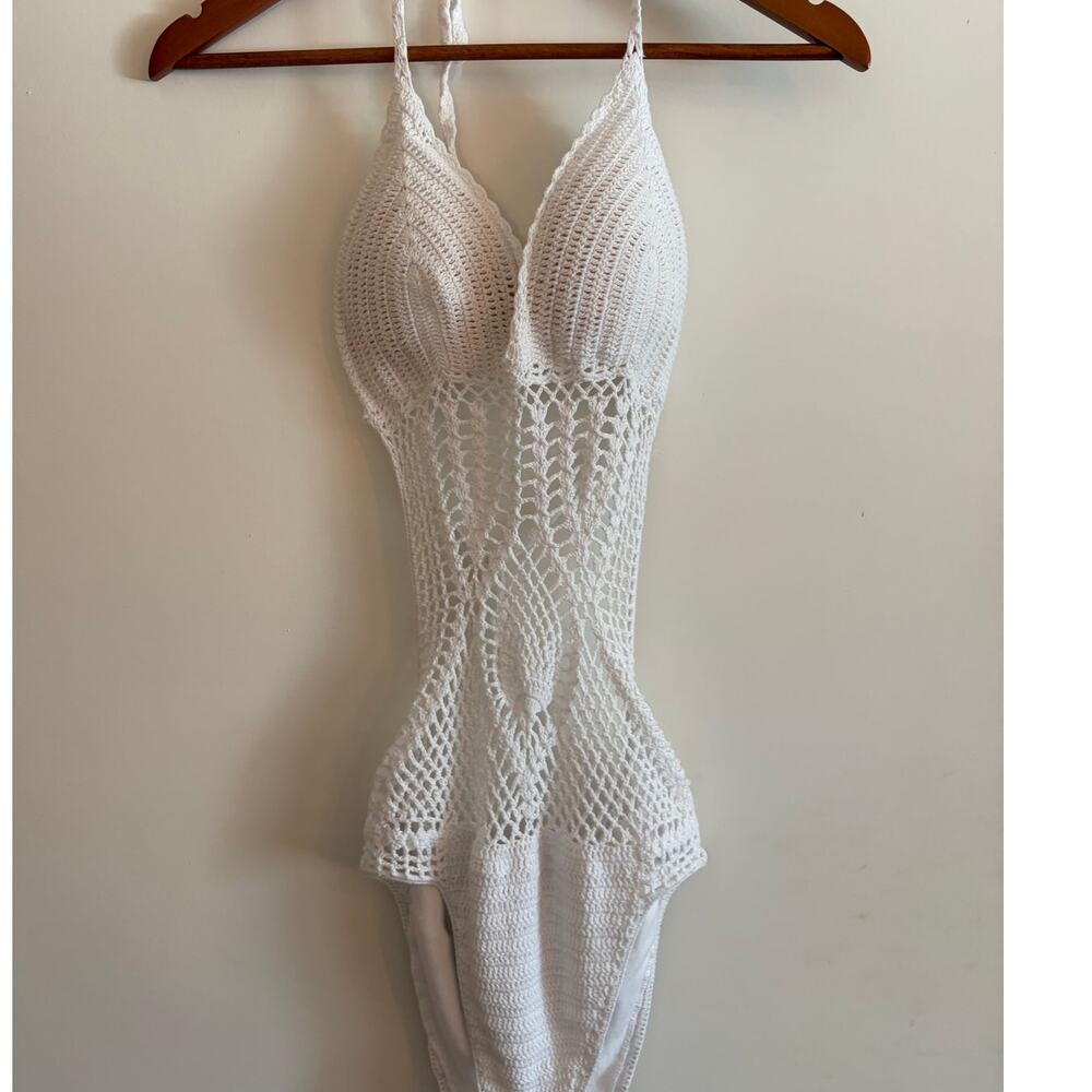Crochet One Piece White Bathing Suit Size S-M - Picture 2 of 9